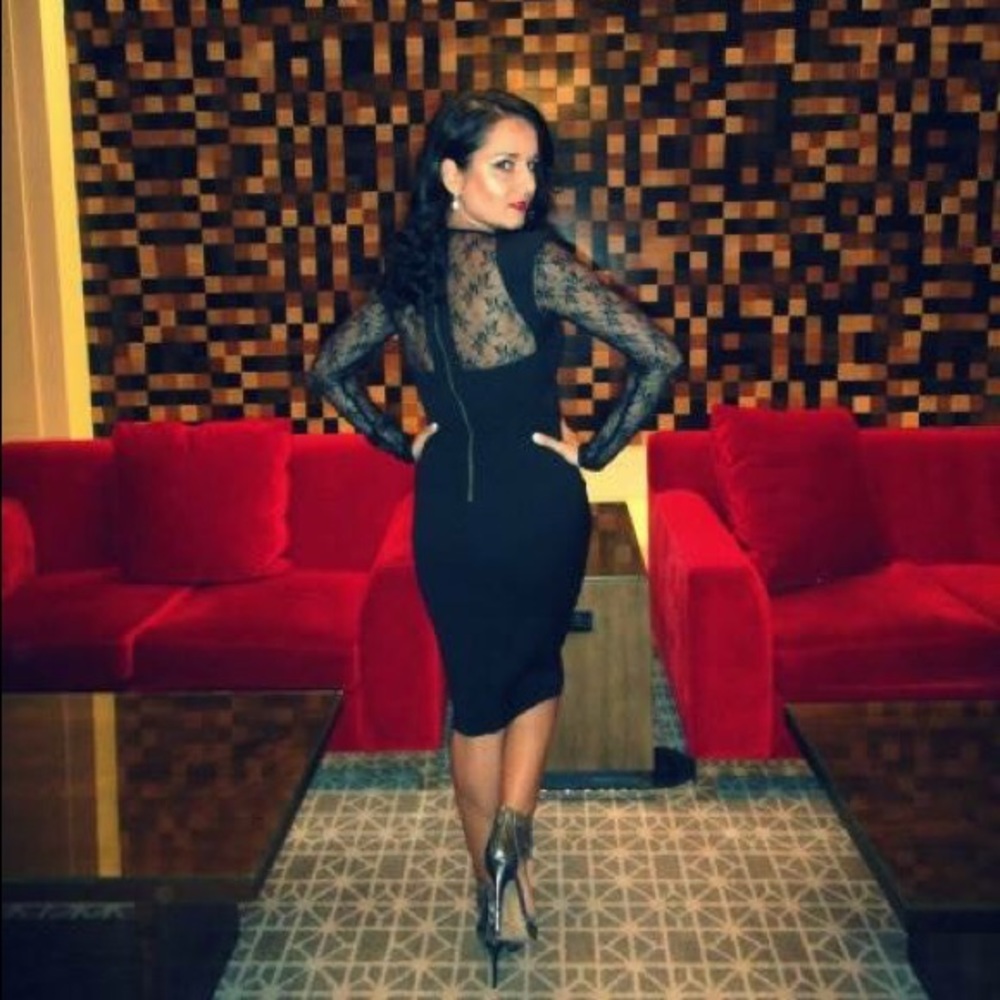 FRENCH CONNECTION Sheer Lace Sleeve Black Dress